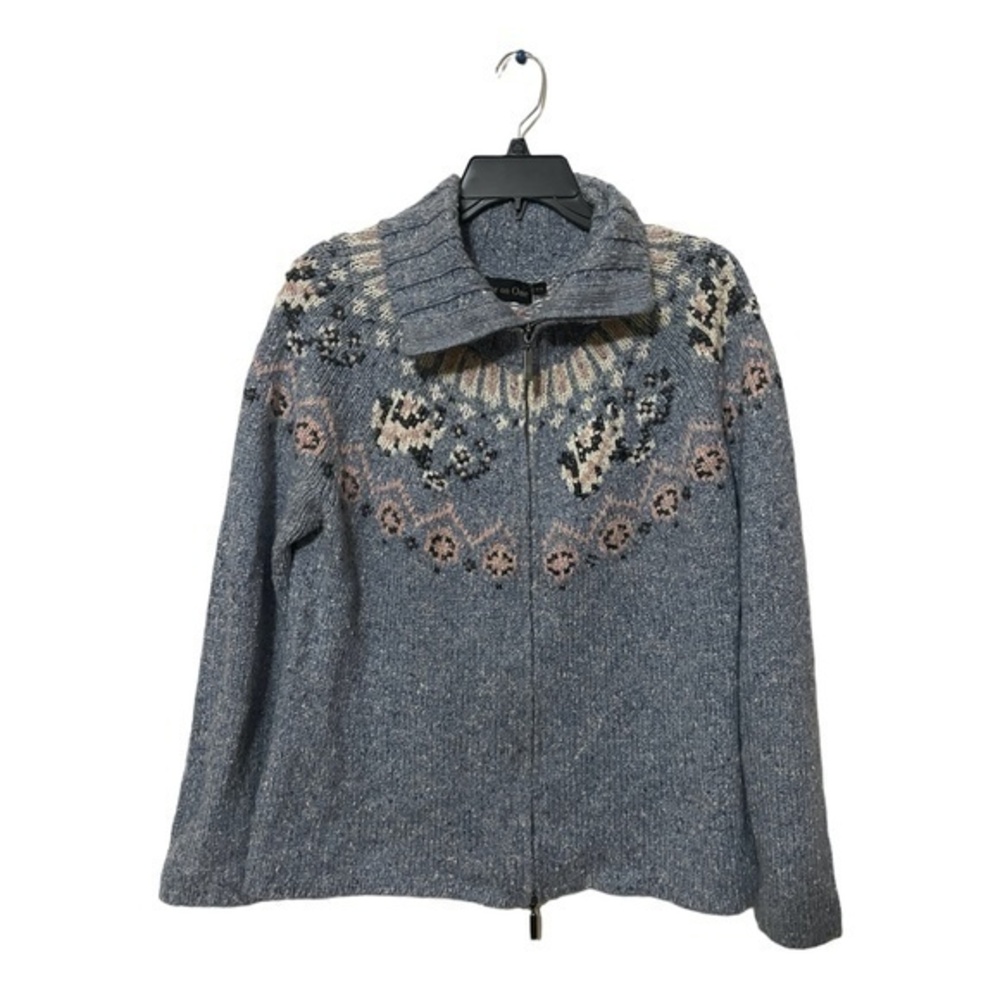 One on One Women's Full Zip Knit Sweater Blue Fair Isle Cardigan Size Medium